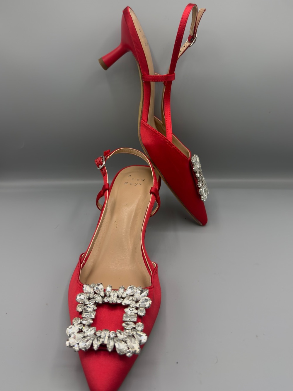 Red Satin Crystal Buckle Slingback Heels